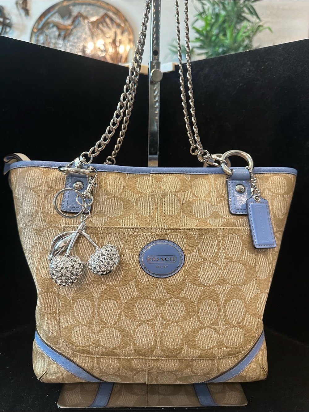 Coach #202 Peyton Signature Tote with Blue Trim and Cherry Charm